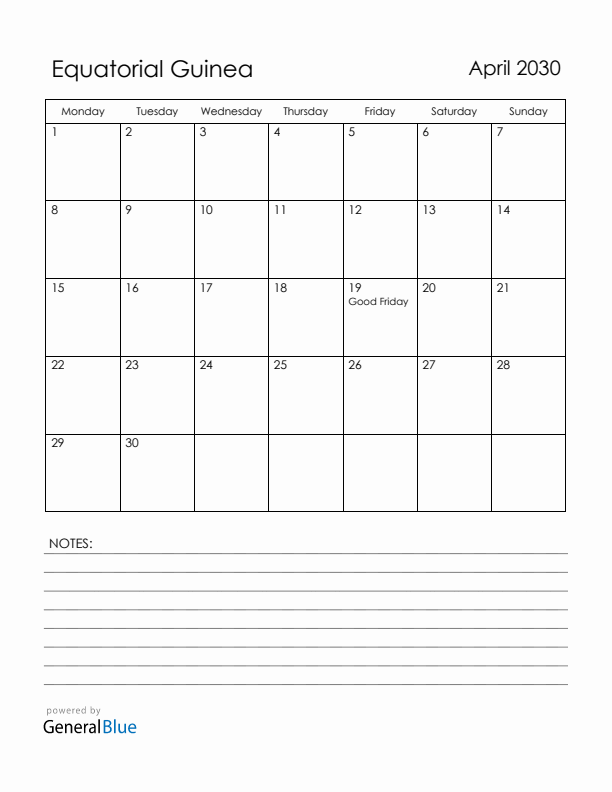 April 2030 Equatorial Guinea Calendar with Holidays (Monday Start)