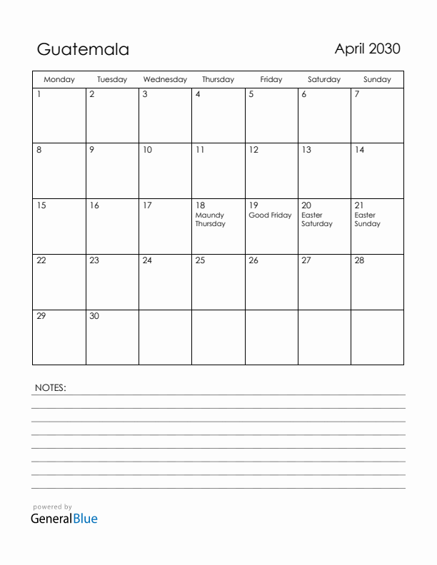 April 2030 Guatemala Calendar with Holidays (Monday Start)