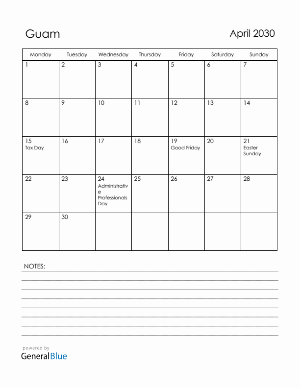 April 2030 Guam Calendar with Holidays (Monday Start)