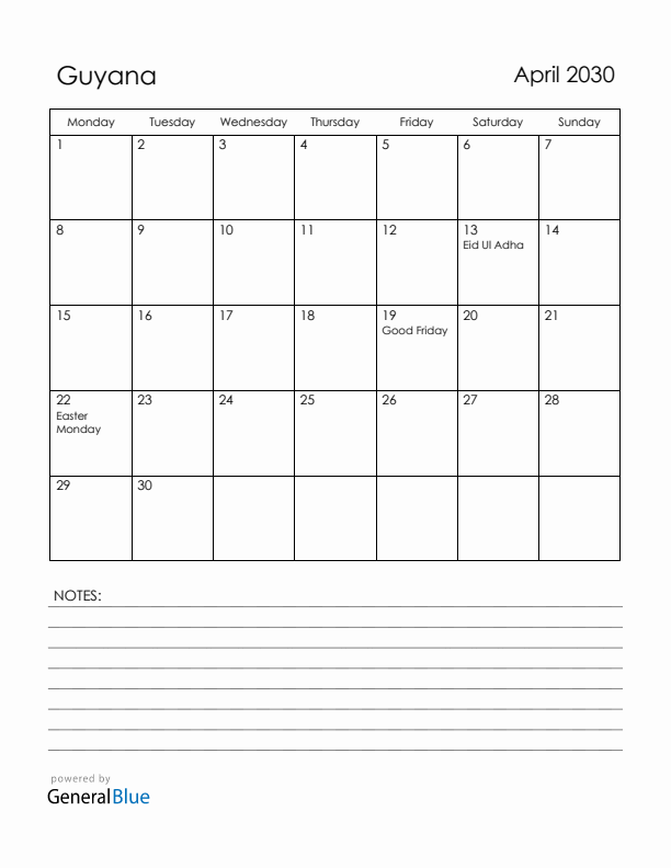 April 2030 Guyana Calendar with Holidays (Monday Start)