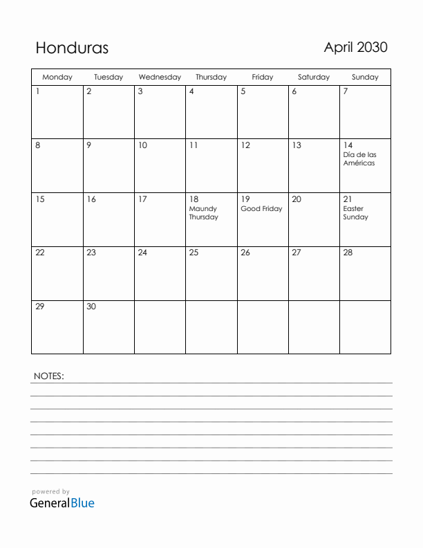 April 2030 Honduras Calendar with Holidays (Monday Start)