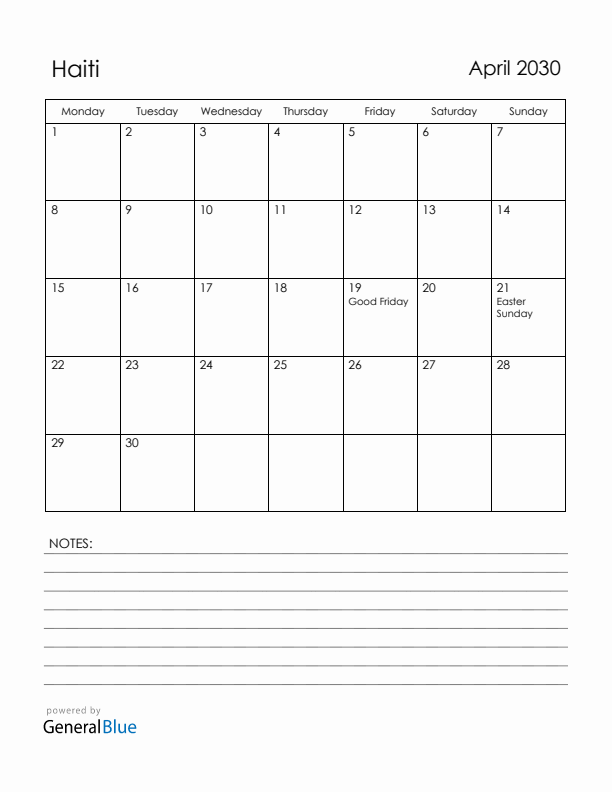April 2030 Haiti Calendar with Holidays (Monday Start)