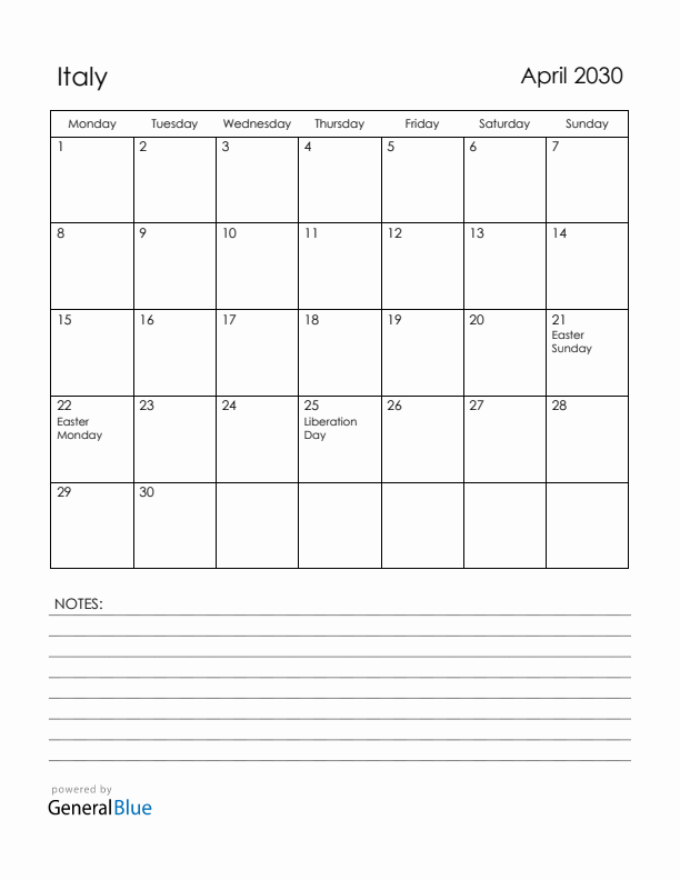April 2030 Italy Calendar with Holidays (Monday Start)