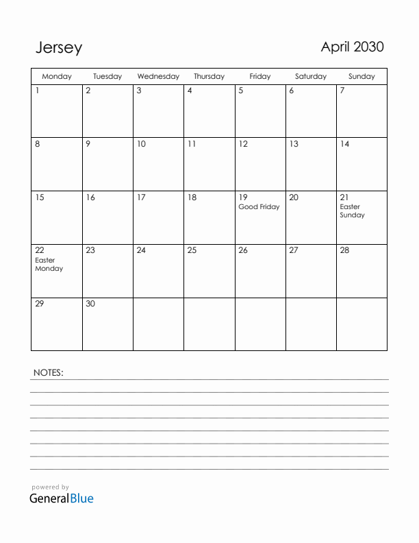 April 2030 Jersey Calendar with Holidays (Monday Start)