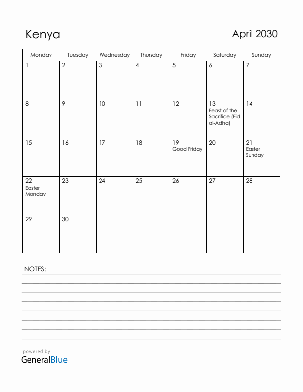 April 2030 Kenya Calendar with Holidays (Monday Start)