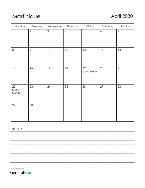 April 2030 Martinique Calendar with Holidays (Monday Start)