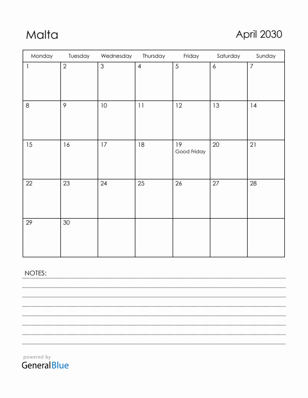 April 2030 Malta Calendar with Holidays (Monday Start)