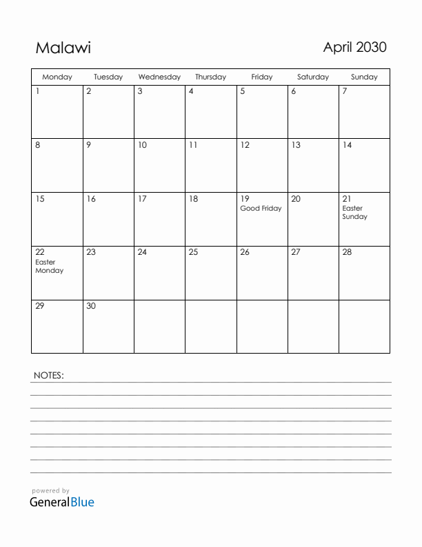April 2030 Malawi Calendar with Holidays (Monday Start)