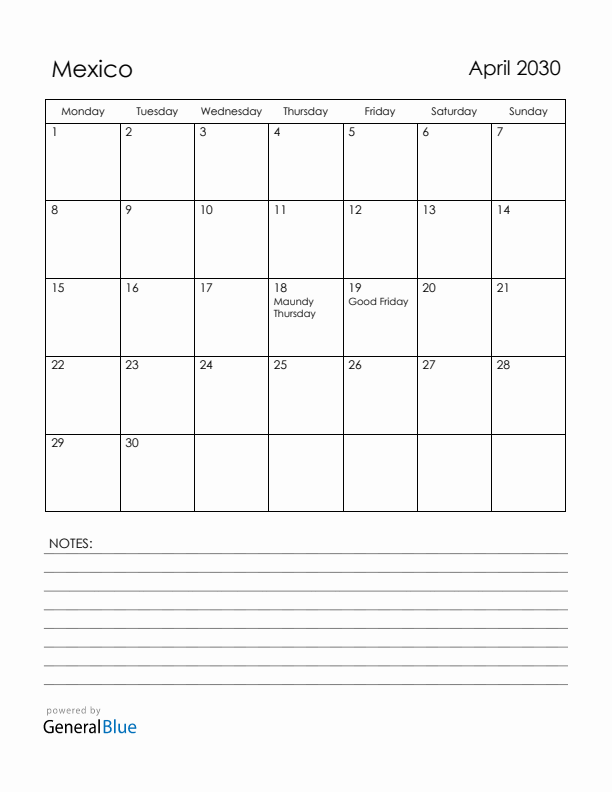 April 2030 Mexico Calendar with Holidays (Monday Start)