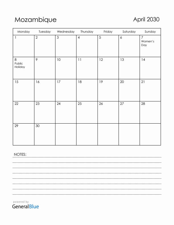 April 2030 Mozambique Calendar with Holidays (Monday Start)