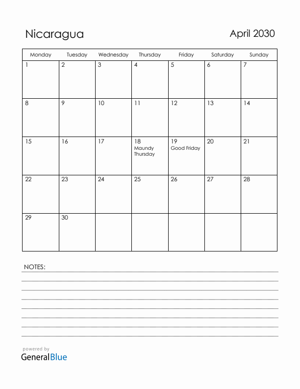 April 2030 Nicaragua Calendar with Holidays (Monday Start)