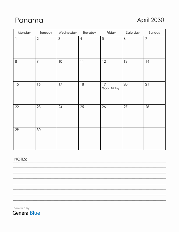 April 2030 Panama Calendar with Holidays (Monday Start)