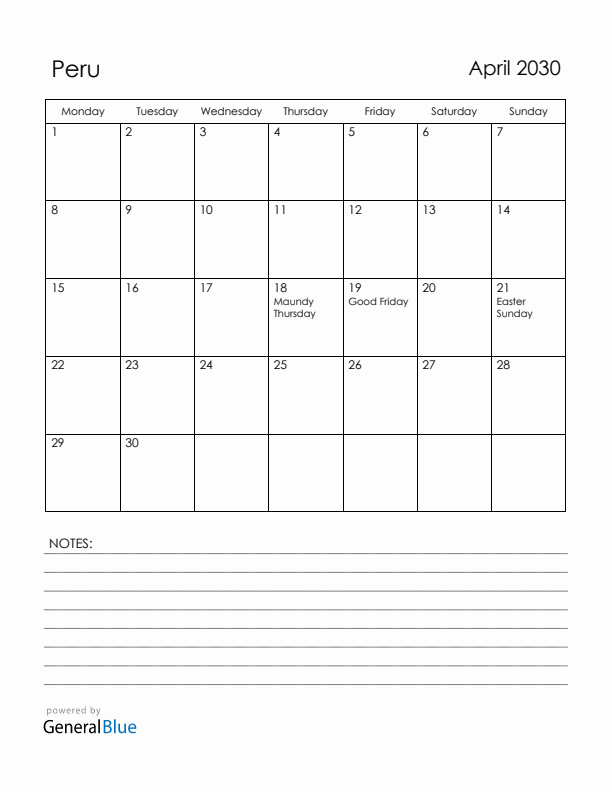 April 2030 Peru Calendar with Holidays (Monday Start)