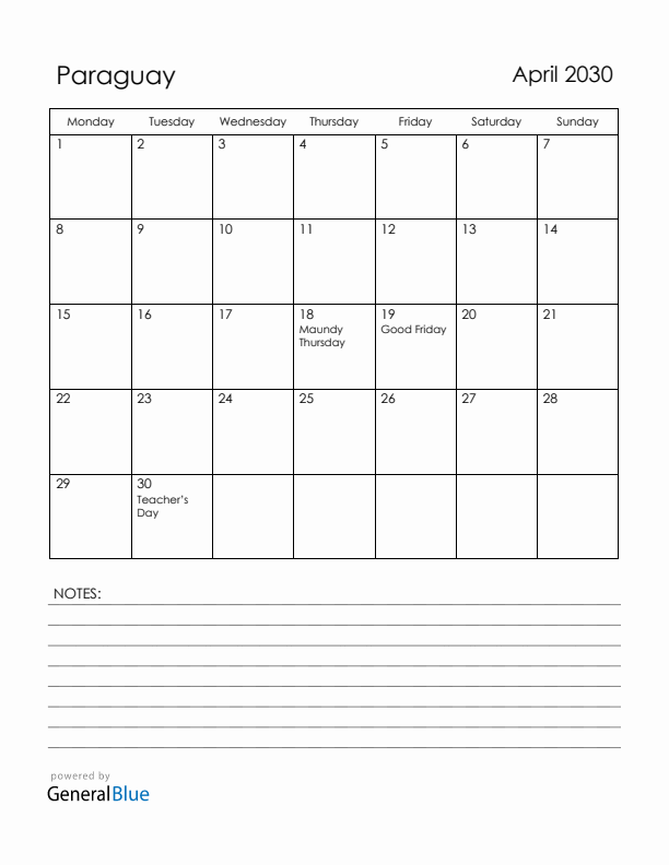 April 2030 Paraguay Calendar with Holidays (Monday Start)