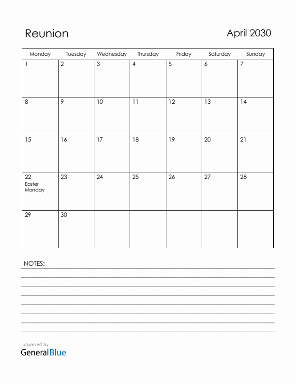 April 2030 Reunion Calendar with Holidays (Monday Start)