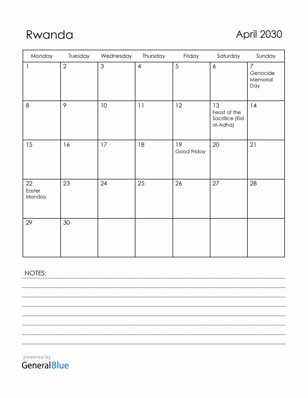 April 2030 Rwanda Calendar with Holidays (Monday Start)
