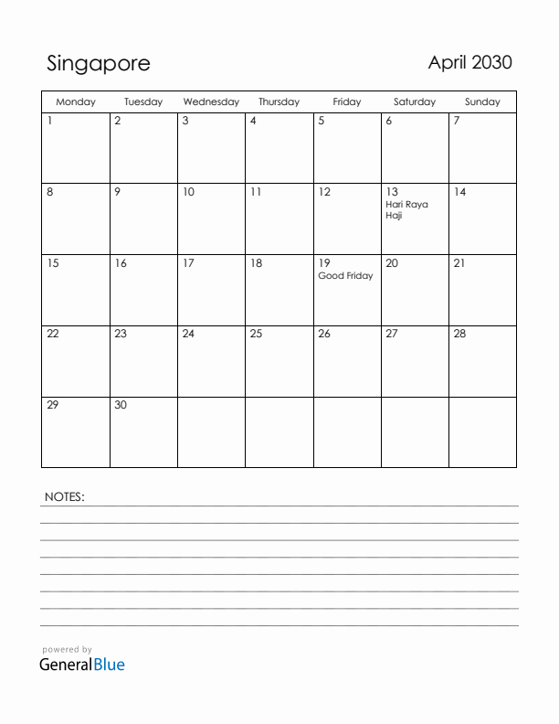 April 2030 Singapore Calendar with Holidays (Monday Start)