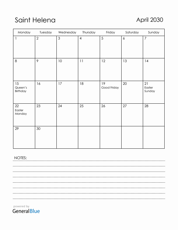 April 2030 Saint Helena Calendar with Holidays (Monday Start)
