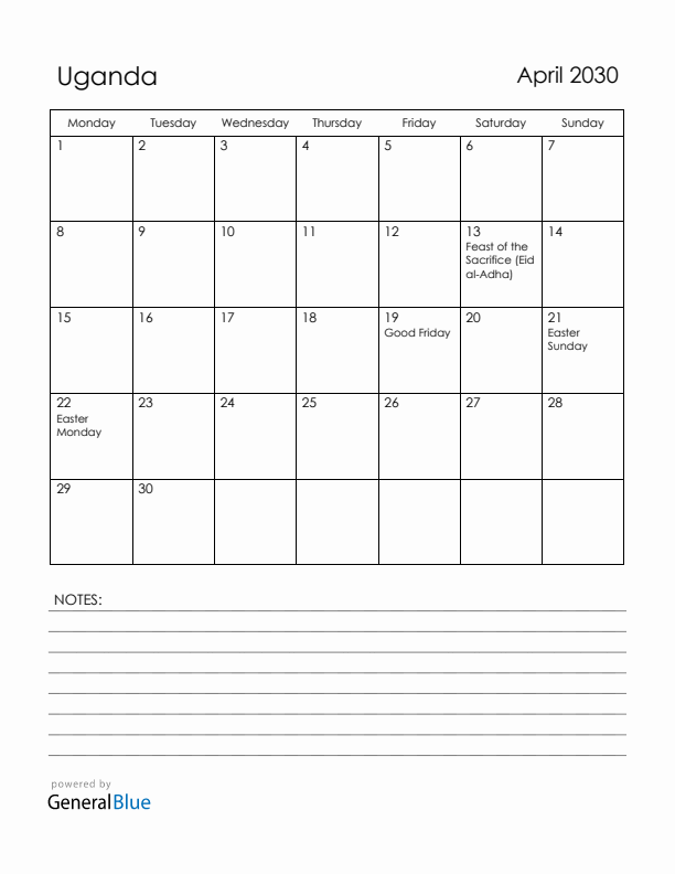 April 2030 Uganda Calendar with Holidays (Monday Start)
