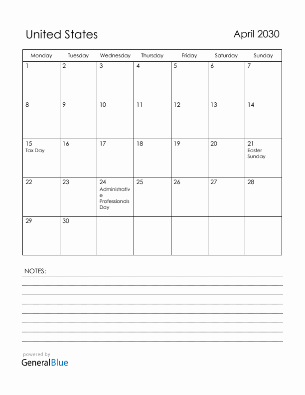 April 2030 United States Calendar with Holidays (Monday Start)