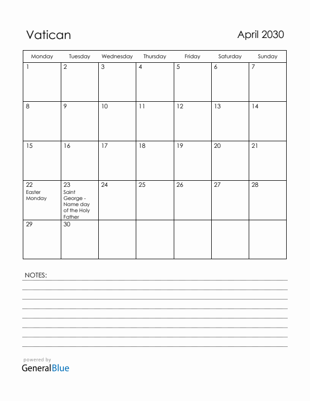 April 2030 Vatican Calendar with Holidays (Monday Start)