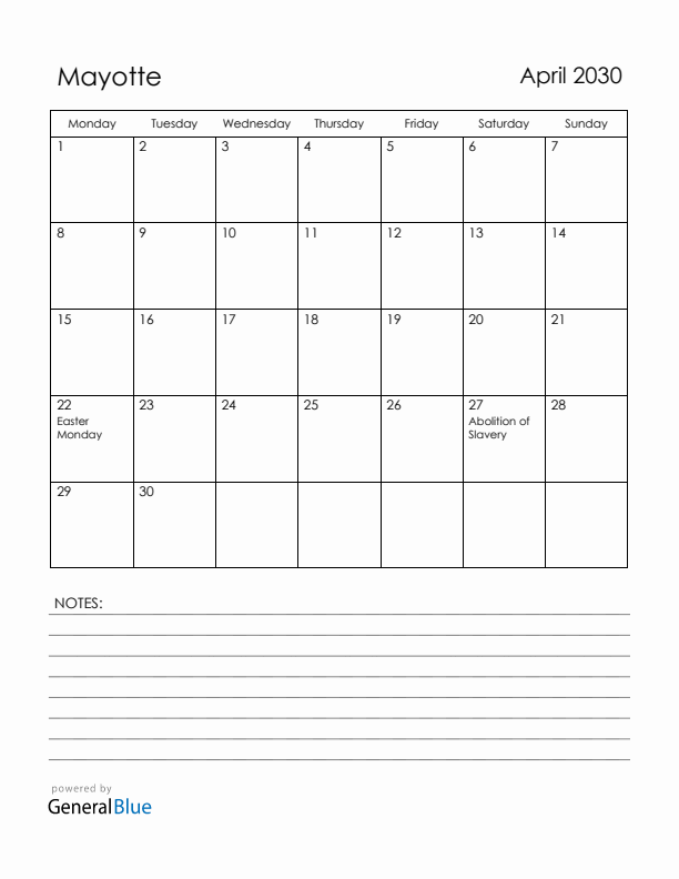 April 2030 Mayotte Calendar with Holidays (Monday Start)