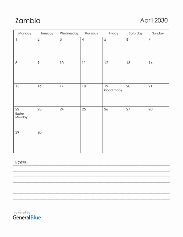 April 2030 Zambia Calendar with Holidays (Monday Start)