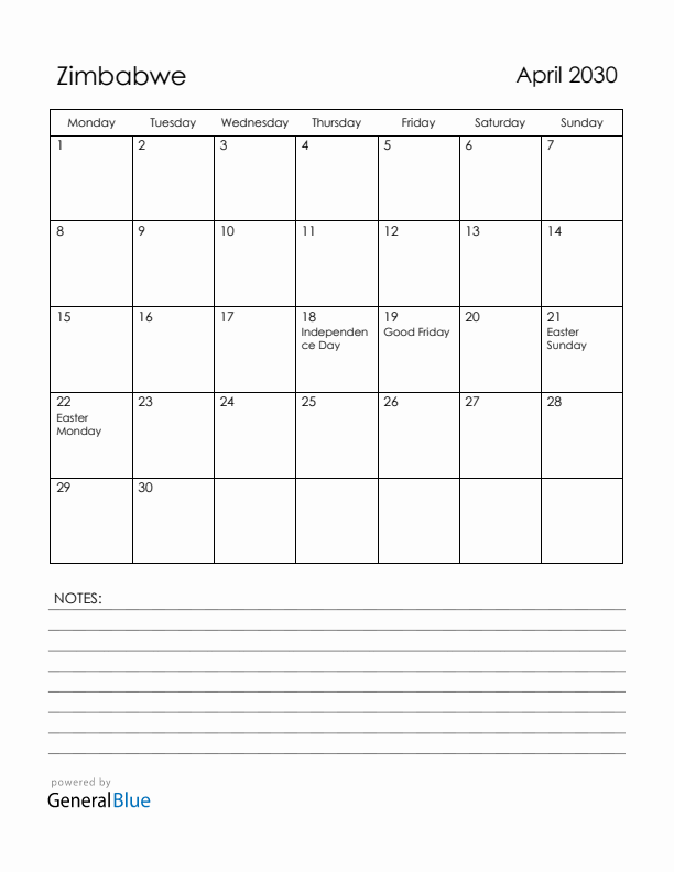 April 2030 Zimbabwe Calendar with Holidays (Monday Start)
