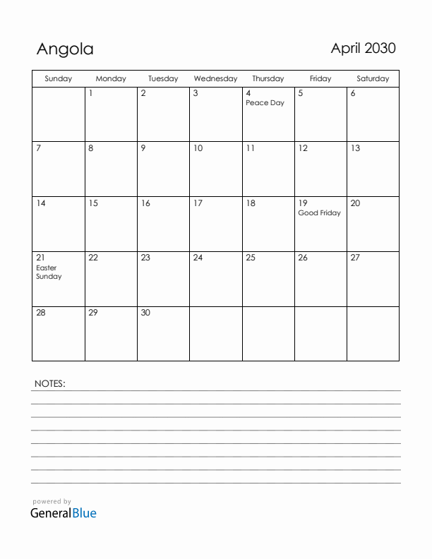 April 2030 Angola Calendar with Holidays (Sunday Start)