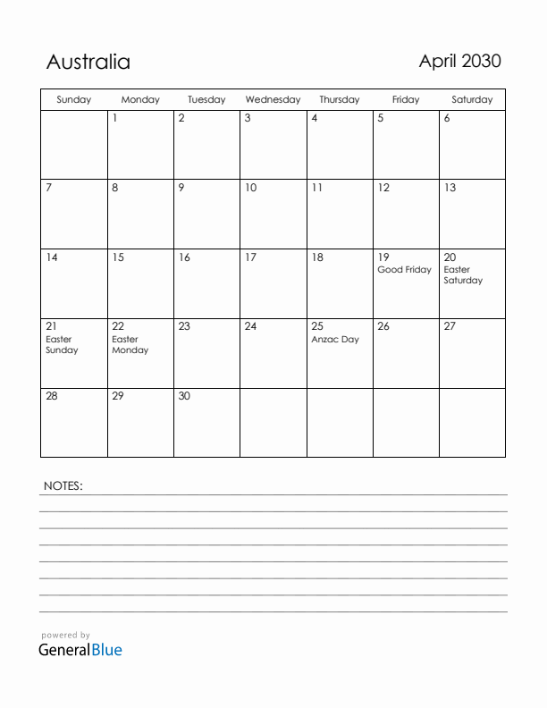April 2030 Australia Calendar with Holidays (Sunday Start)