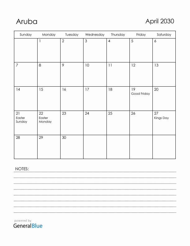 April 2030 Aruba Calendar with Holidays (Sunday Start)