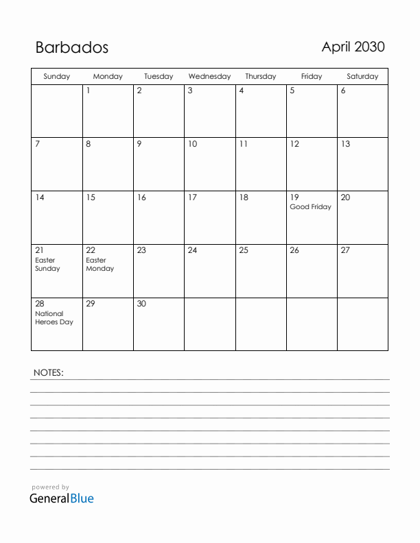 April 2030 Barbados Calendar with Holidays (Sunday Start)