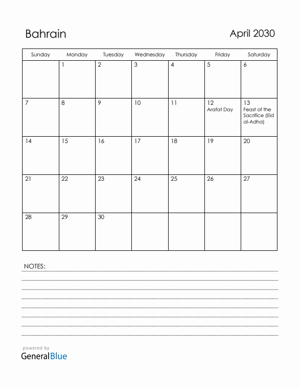 April 2030 Bahrain Calendar with Holidays (Sunday Start)