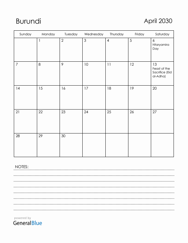 April 2030 Burundi Calendar with Holidays (Sunday Start)