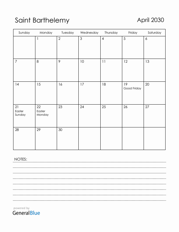 April 2030 Saint Barthelemy Calendar with Holidays (Sunday Start)