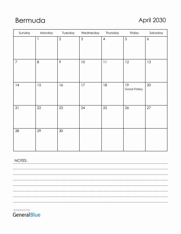 April 2030 Bermuda Calendar with Holidays (Sunday Start)