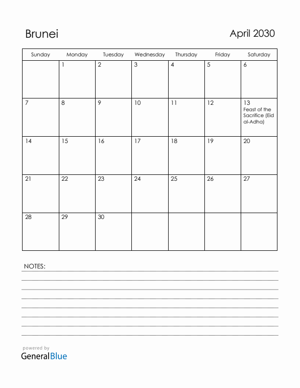 April 2030 Brunei Calendar with Holidays (Sunday Start)