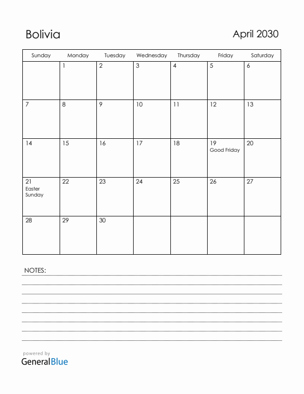 April 2030 Bolivia Calendar with Holidays (Sunday Start)