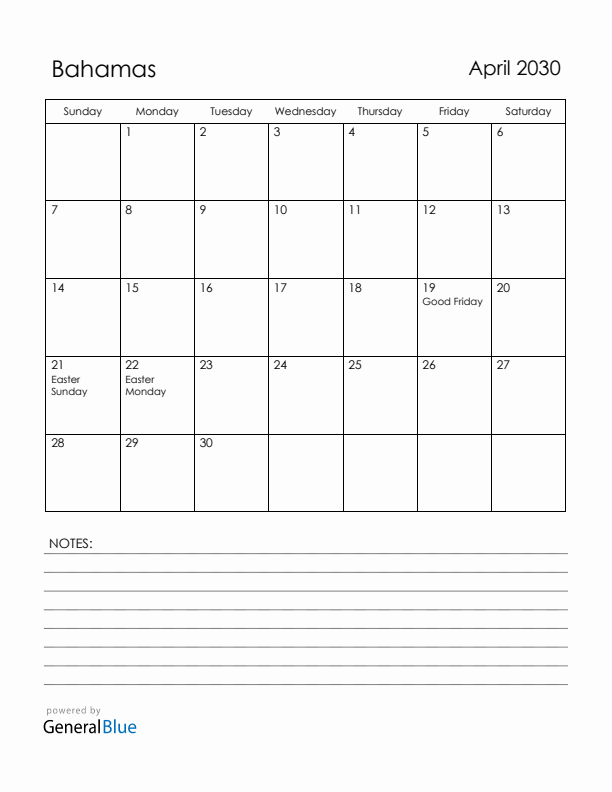April 2030 Bahamas Calendar with Holidays (Sunday Start)
