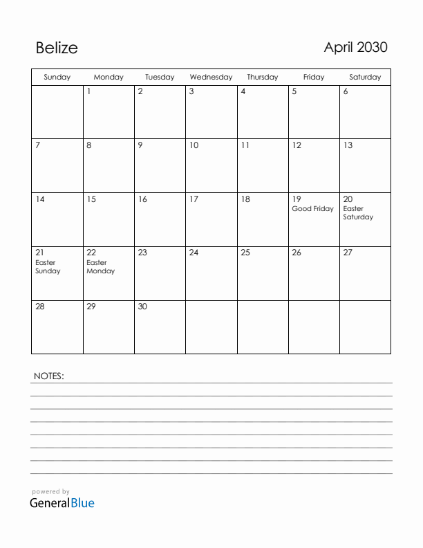 April 2030 Belize Calendar with Holidays (Sunday Start)