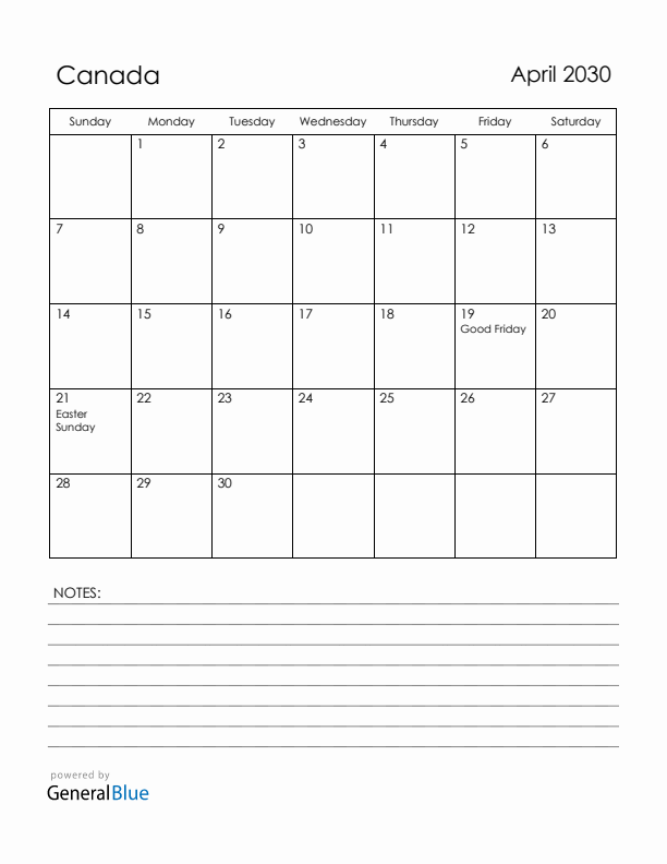 April 2030 Canada Calendar with Holidays (Sunday Start)