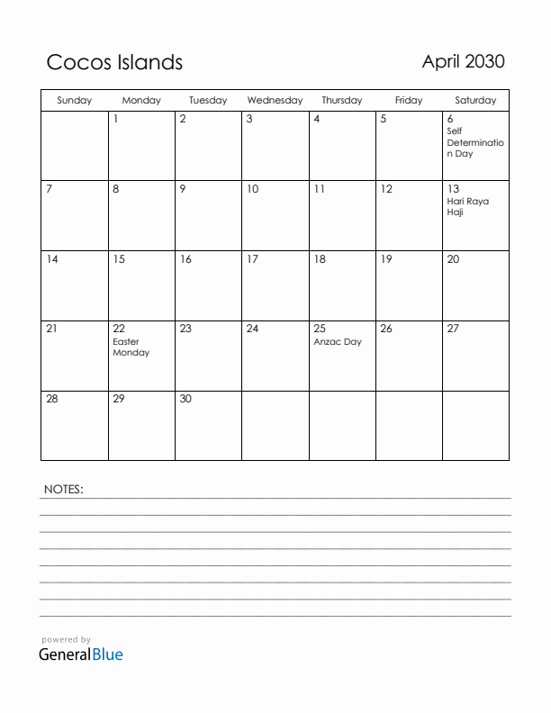 April 2030 Cocos Islands Calendar with Holidays (Sunday Start)