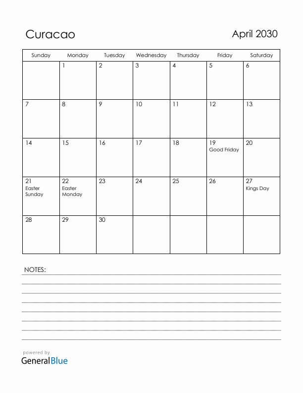 April 2030 Curacao Calendar with Holidays (Sunday Start)