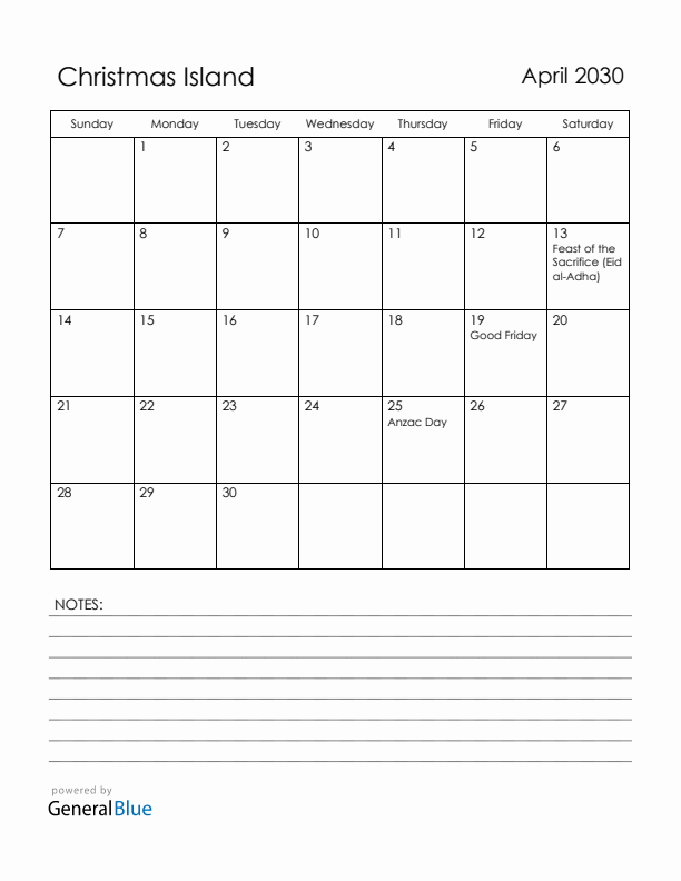 April 2030 Christmas Island Calendar with Holidays (Sunday Start)