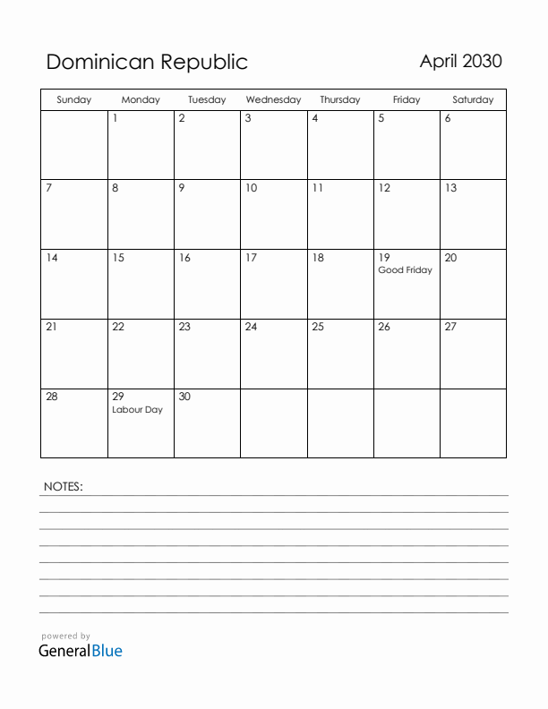 April 2030 Dominican Republic Calendar with Holidays (Sunday Start)