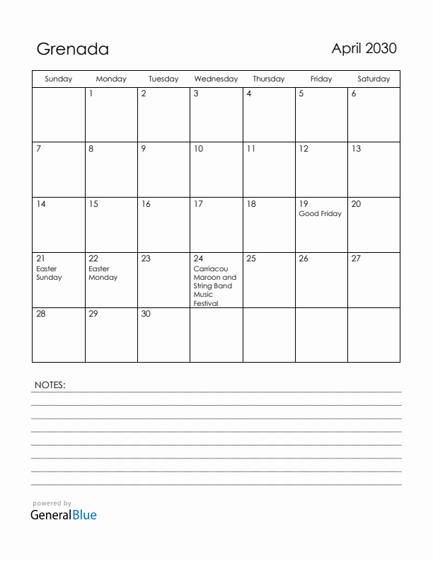 April 2030 Grenada Calendar with Holidays (Sunday Start)