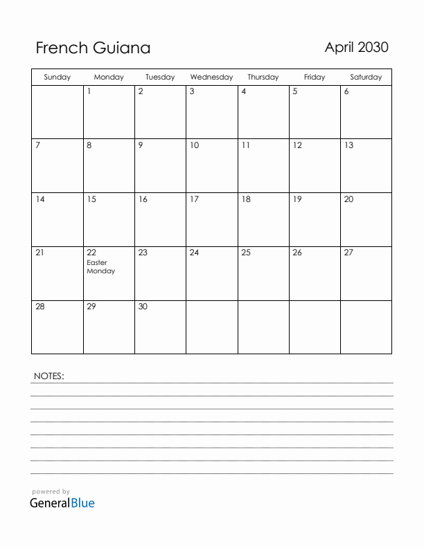 April 2030 French Guiana Calendar with Holidays (Sunday Start)