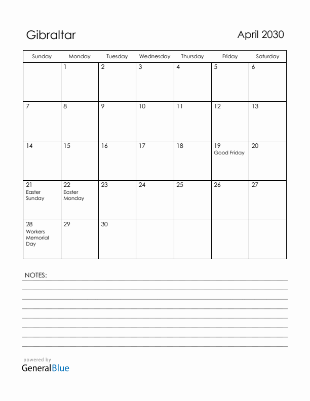 April 2030 Gibraltar Calendar with Holidays (Sunday Start)