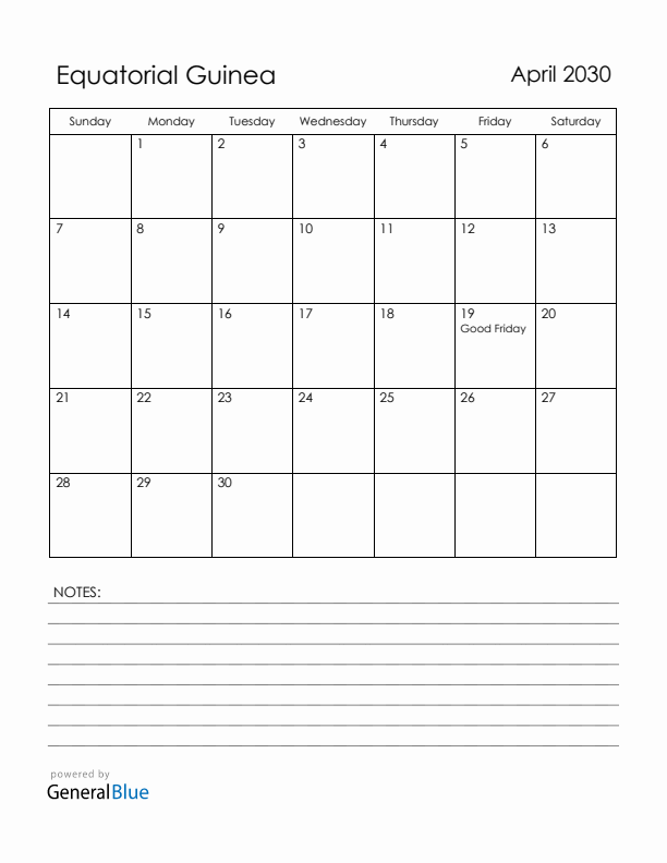 April 2030 Equatorial Guinea Calendar with Holidays (Sunday Start)