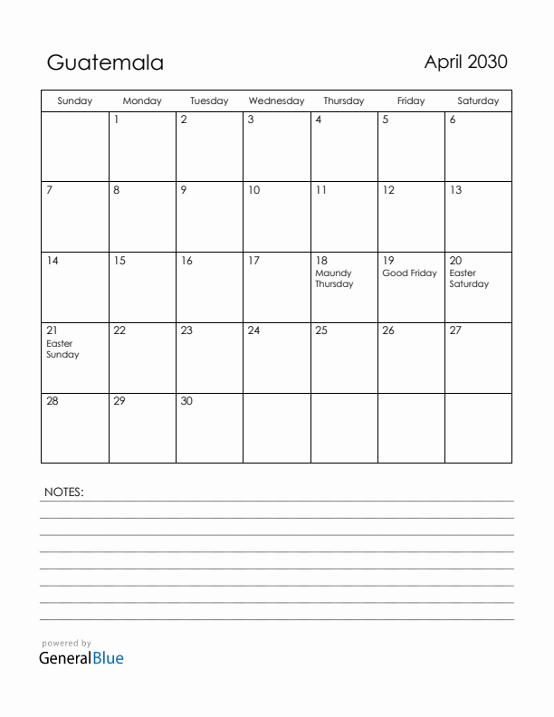 April 2030 Guatemala Calendar with Holidays (Sunday Start)